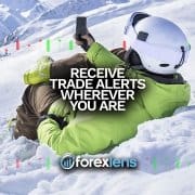 Man checking his mobile phone while on his snowboard he is receiving trade alerts from the Forex Lens Portal